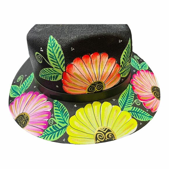 HAT MEXICAN Artisanal Hand Painted Fedora Floral Sombrero Panama Bohemian Black main image 4